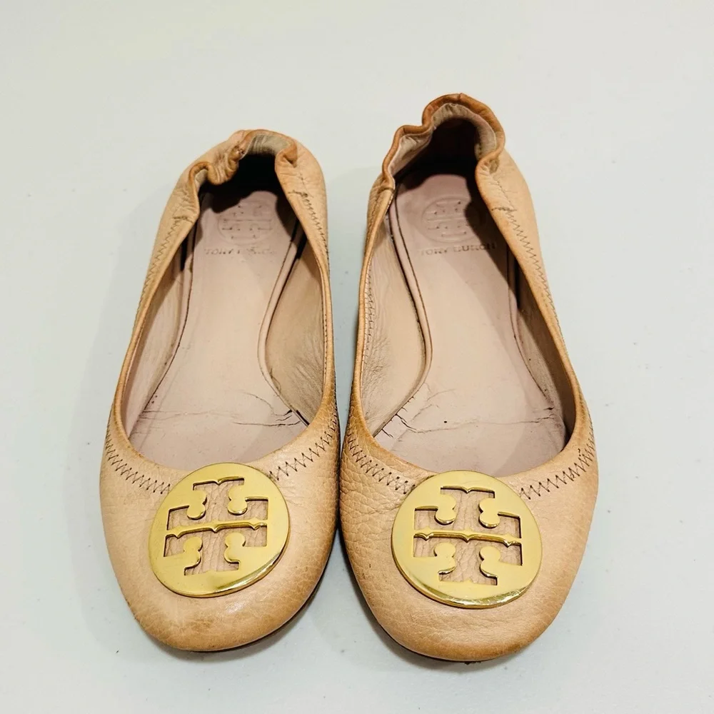 Tory Burch‎ Reva Ballet Flats 6M Camel Leather Logo Medallion Elastic Back